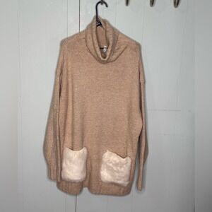 Blue Blush Tan Cowl Neck Sweater Dress with White Faux Fur Pockets